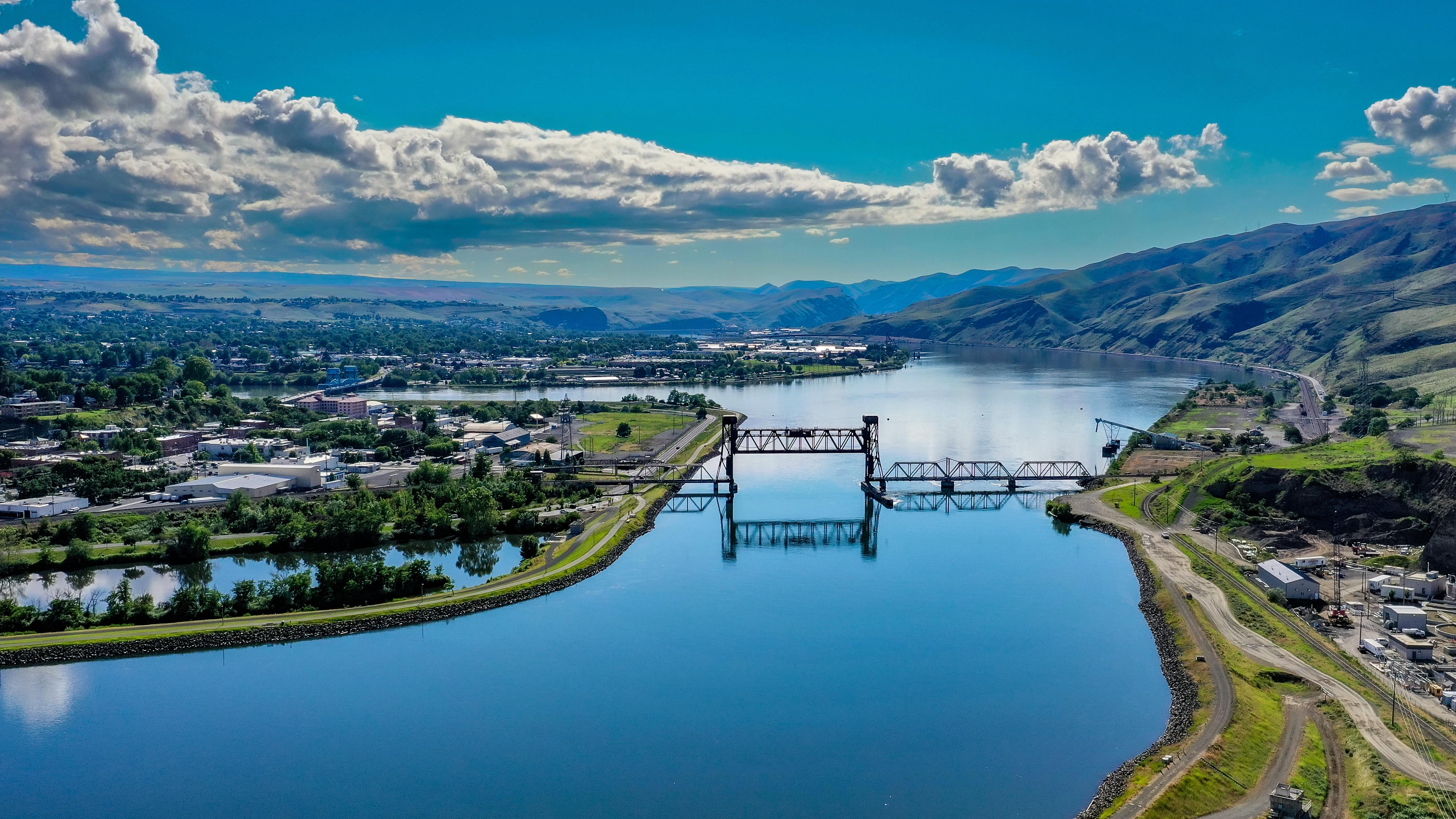 Drone view of the Clearwater River and historic railroad bridge in Lewiston, Idaho